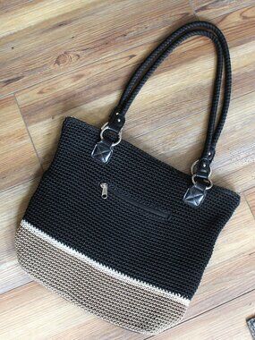 Croft & Barrow Crochet Knit Colorblock Shoulder Bag Tote Black Tan Cream